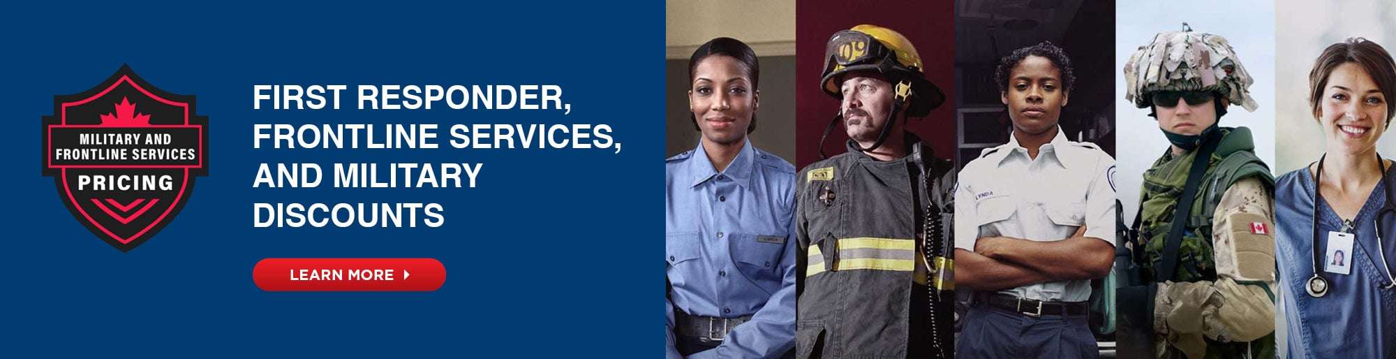 First responder, frontline services, and military discount banner featuring police, firefighter, paramedic, soldier, and healthcare professionals.