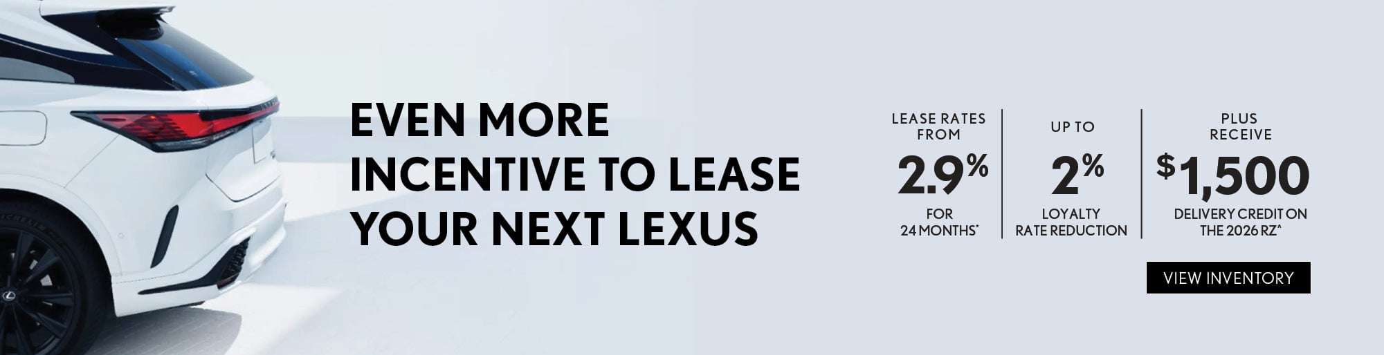 Lexus Canada lease offer 2026 NX RX RZ SUV with 2.9% lease rates, up to 2% loyalty rate reduction and $1,500 delivery credit on 2026 RZ electric SUV