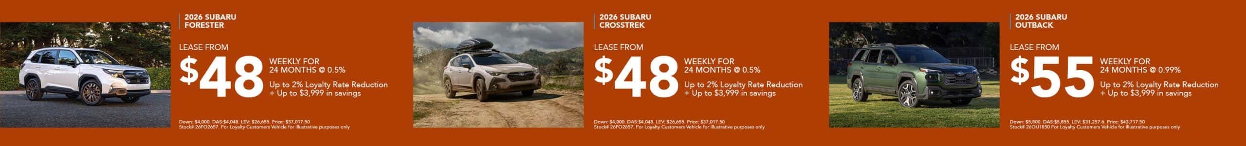 2026 Forester, Crosstrek and Outback Weekly Lease Offers for 24 Months