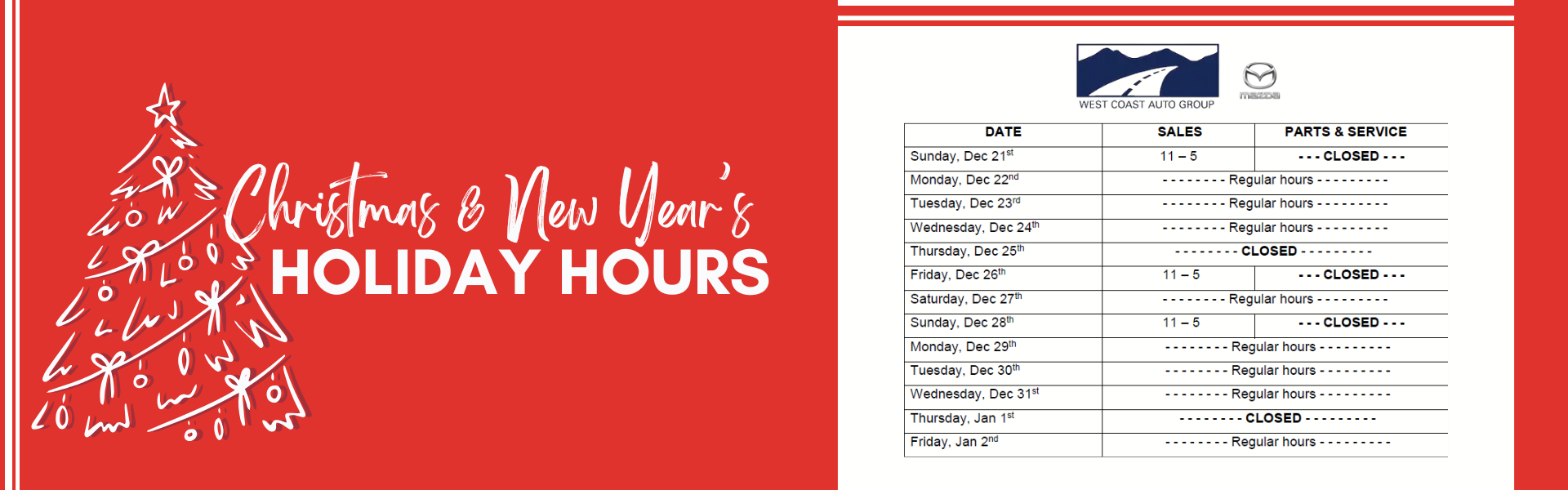 Christmas Holiday Hours