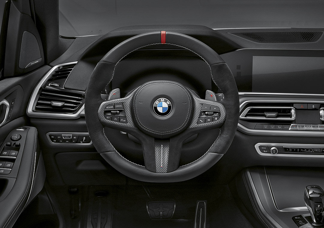 The BMW X5 SUV steering wheel.