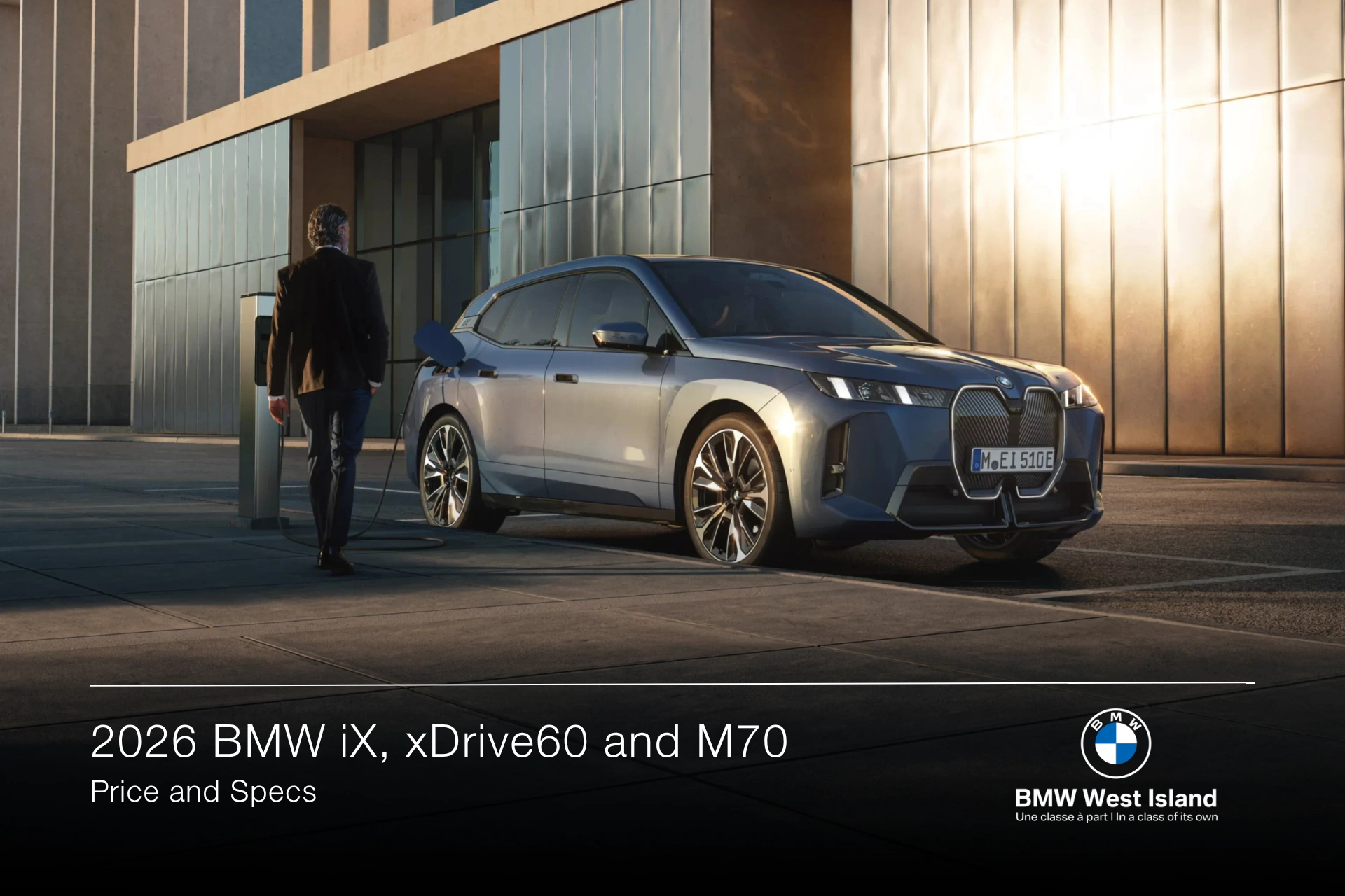 2026 BMW iX xDrive60 metallic grey plugged into a charging station in front of a modern building at sunset with pricing and specs text.