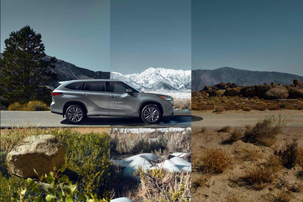 A Toyota Highlander Hybrid vehicle driving on a road in different seasons.