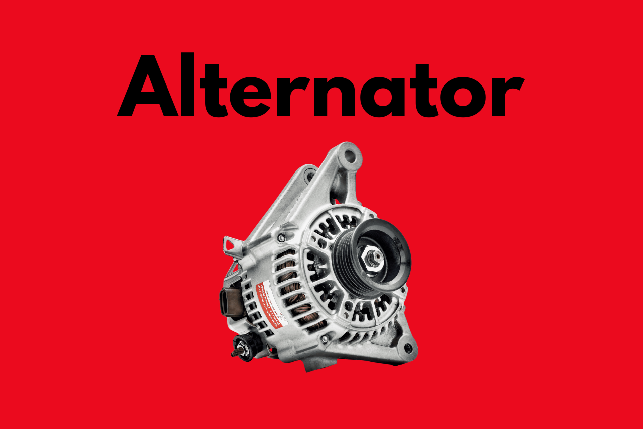 A Toyota Genuine Parts alternator is shown on a red background.