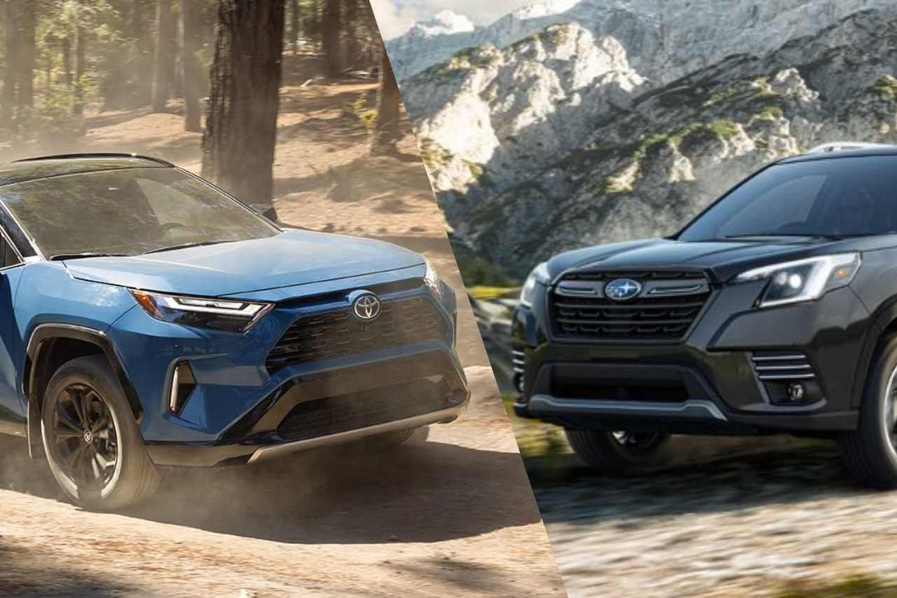 A graphic with a Toyota RAV4 SUV in blue on the left and a Subaru Forester SUV in black on the right.