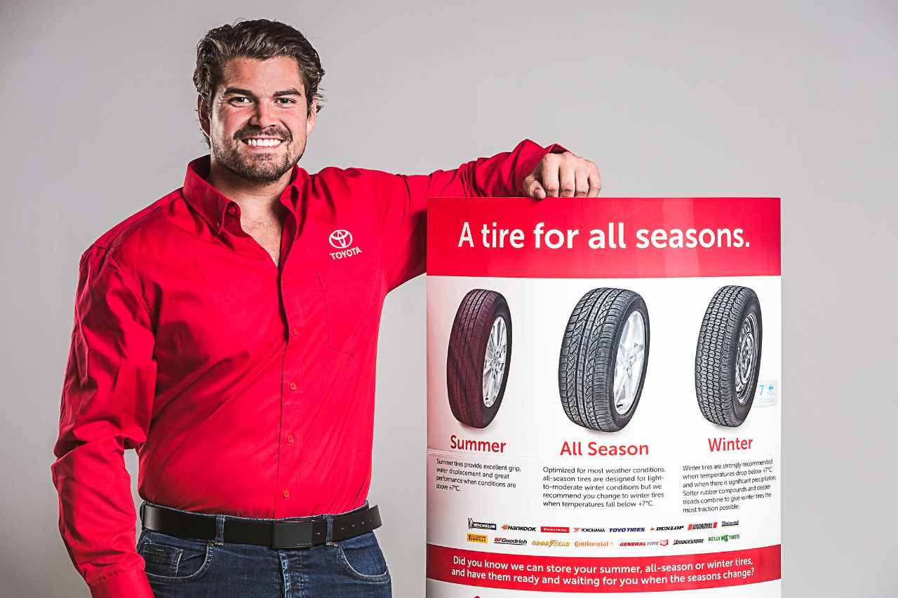 A Toyota Service technician poses next to a sign about Toyota seasonal tires, showcasing the difference between summer and winter tires.