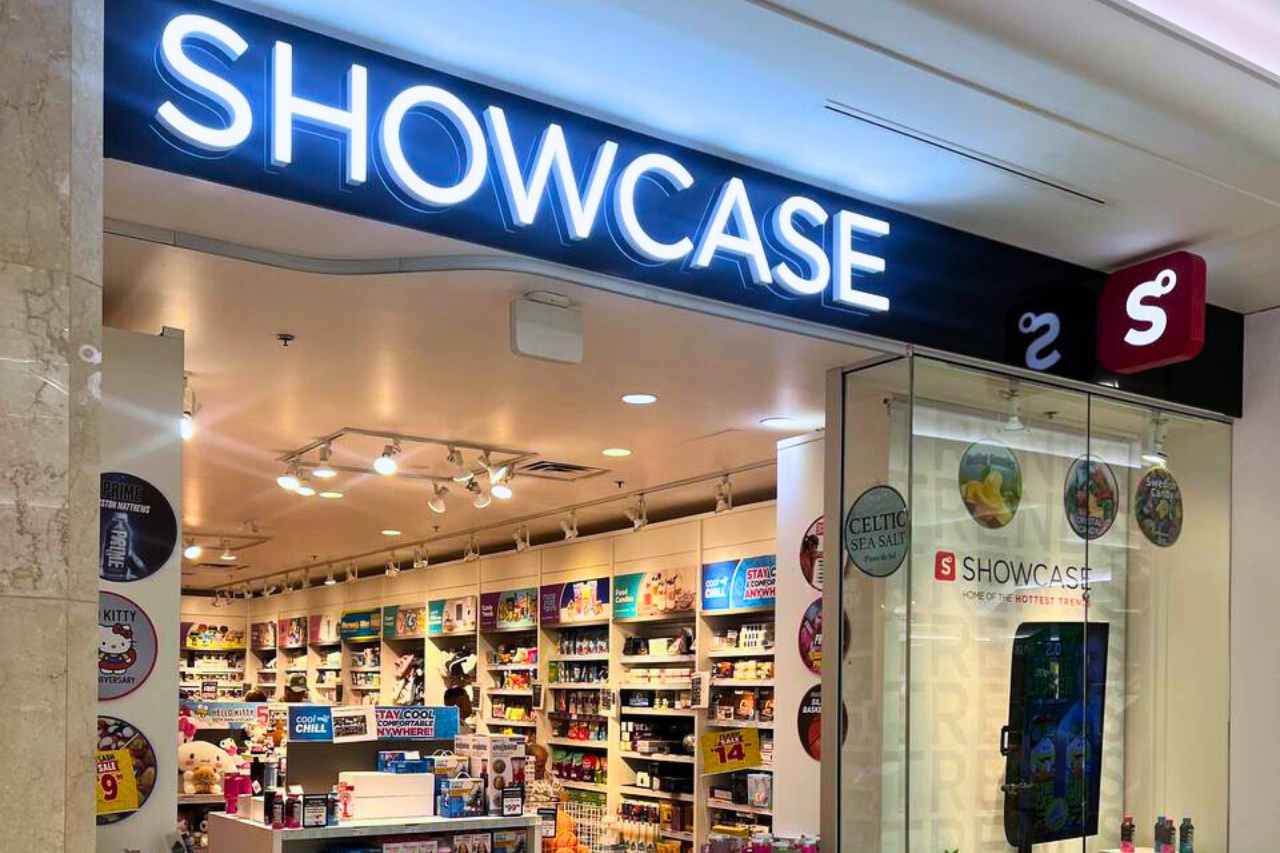The Showcase storefront in West Edmonton Mall, with a variety of gadgets and summer fun items.