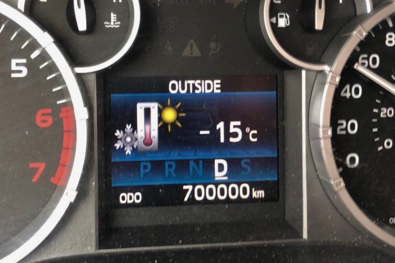 A close-up of a Toyota Tundra odometer that shows 700,000km.