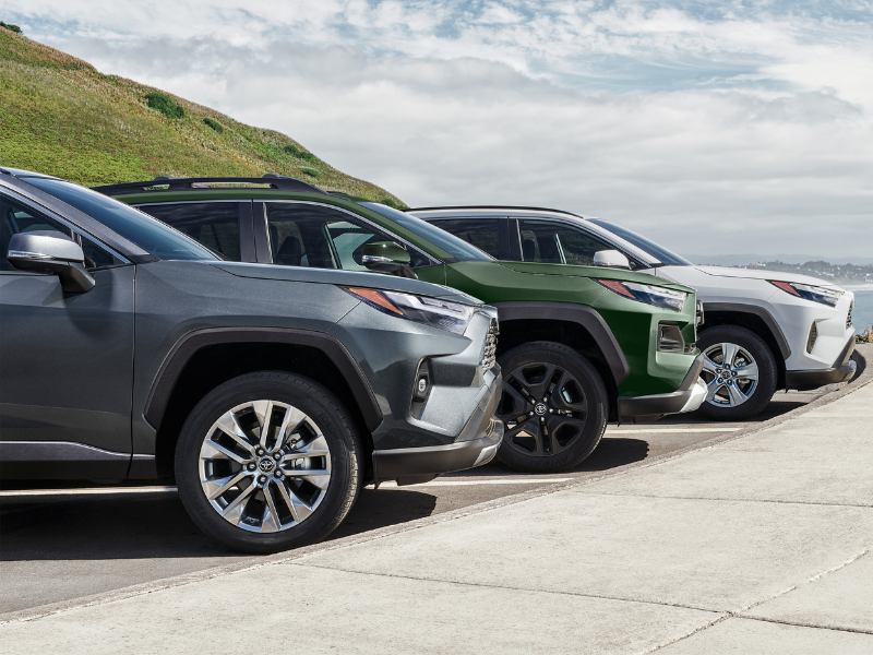 Lifestyle shot of Lineup of RAV4 Hybrid